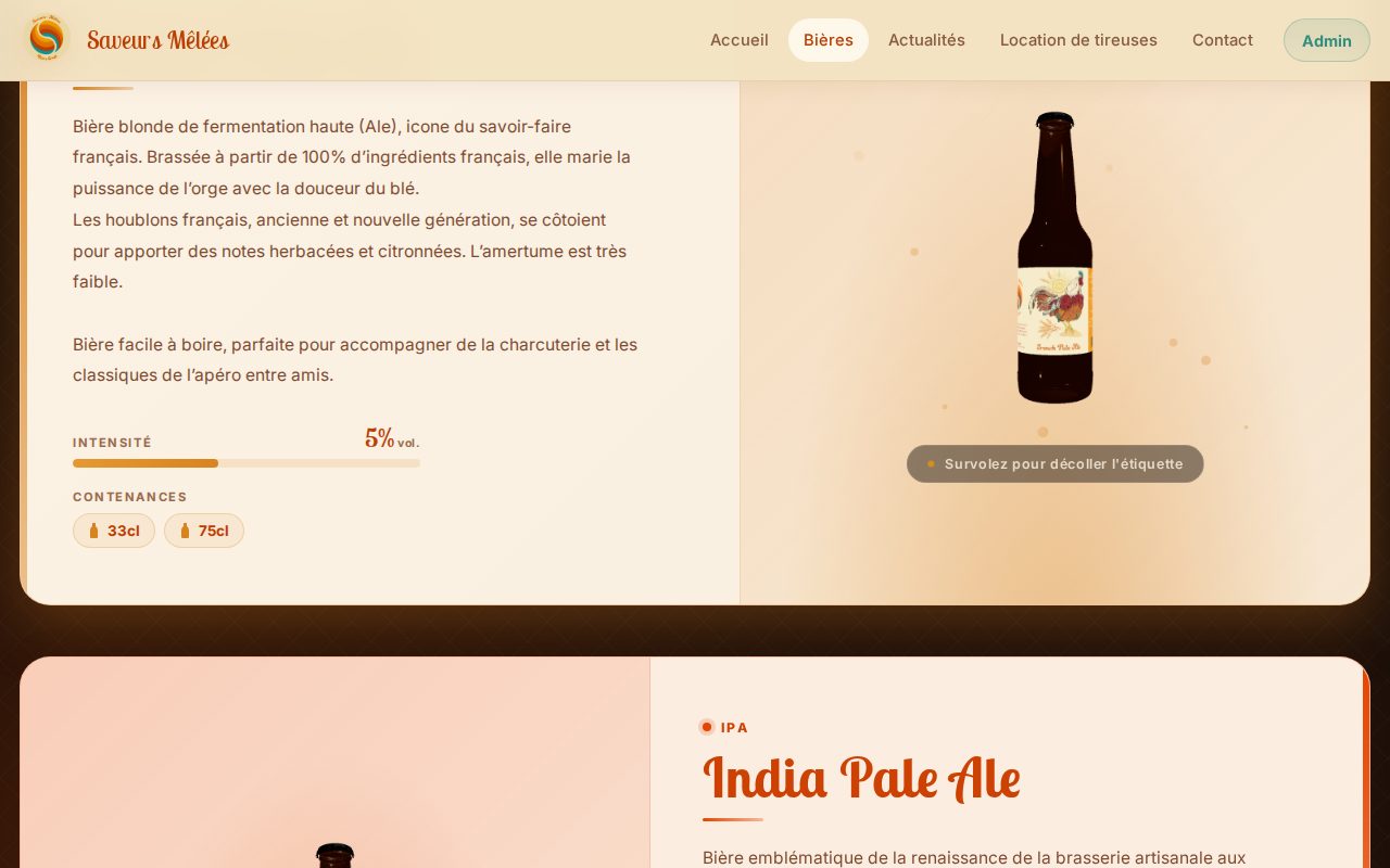 Fiche bière du site Saveurs Mêlées : bouteille en 3D que le visiteur peut faire tourner